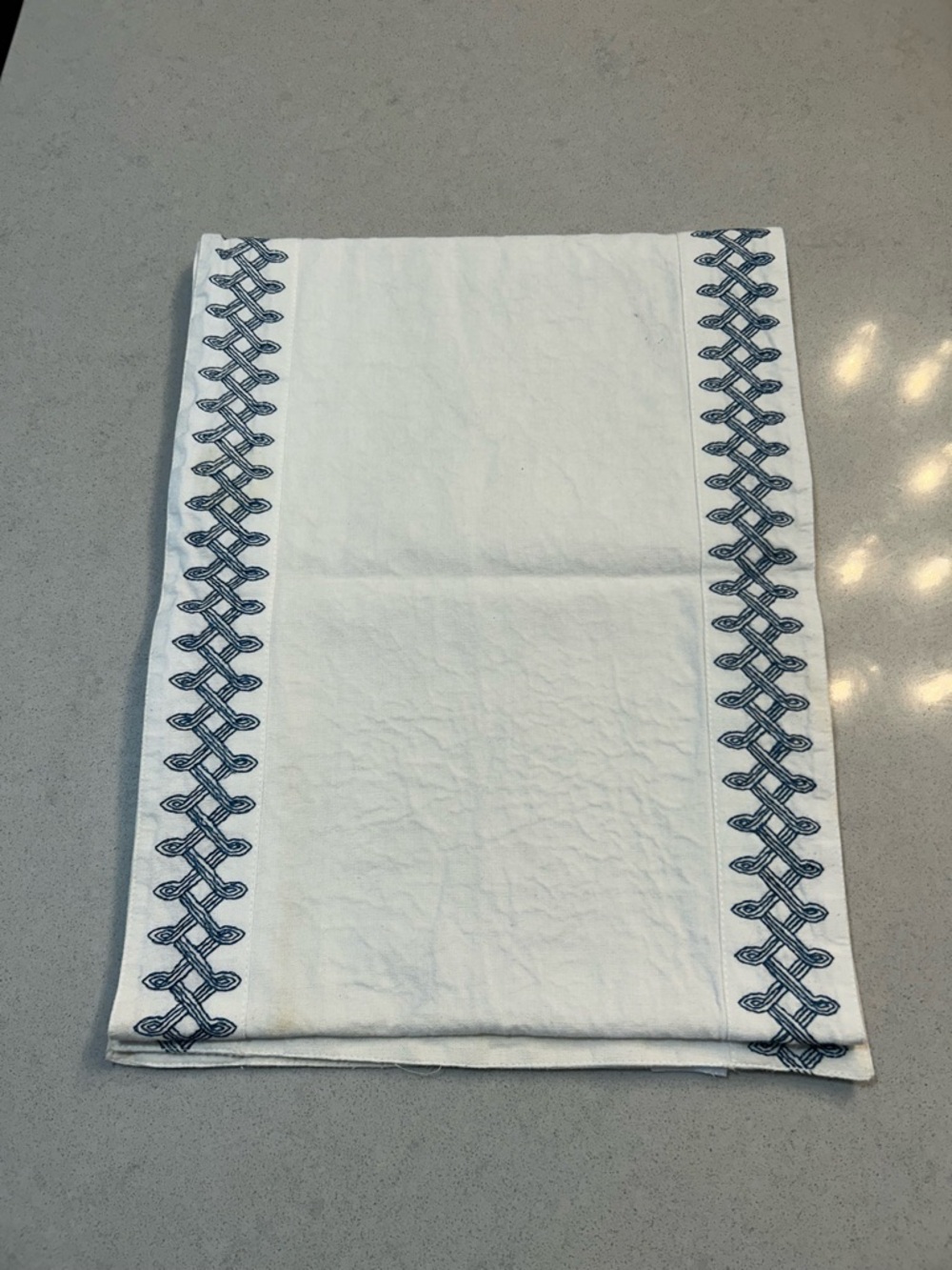 At Home X Grace Mitchell White Linen Table Runner with Blue Embroidered Trim